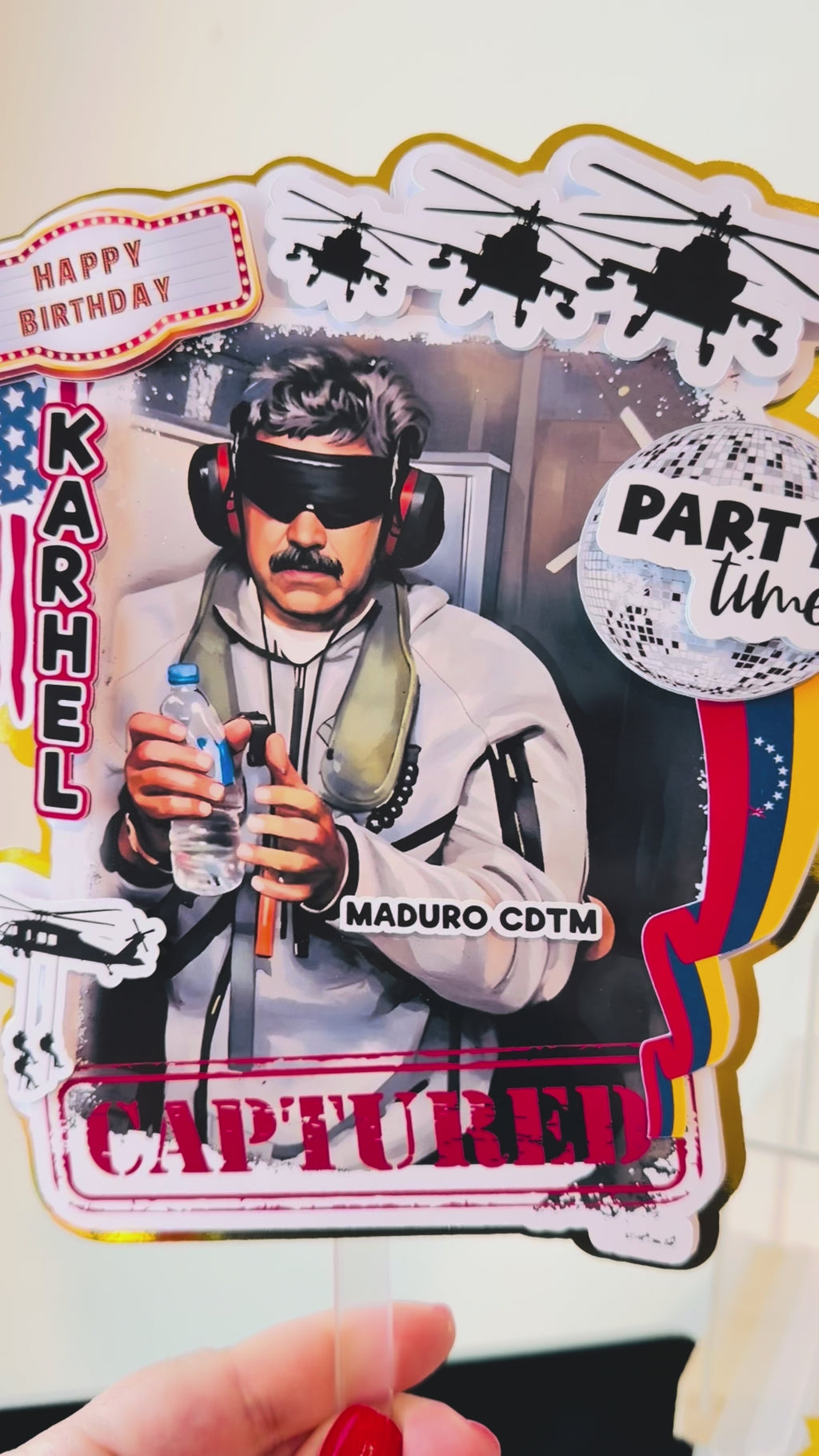 Cake Topper Maduro Capturado Personalizado – Decoración Divertida para Venezolanos